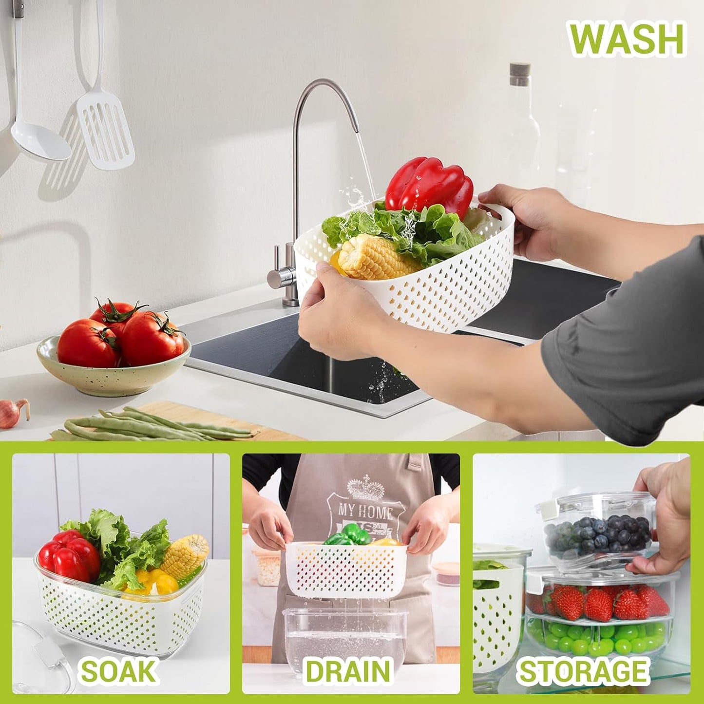 LUXEAR Fresh Produce Vegetable Fruit Storage Containers 3Piece Set, BPA-free, Partitioned Salad Container, Fridge Organizers, Used in Storing Fruits Vegetables, White