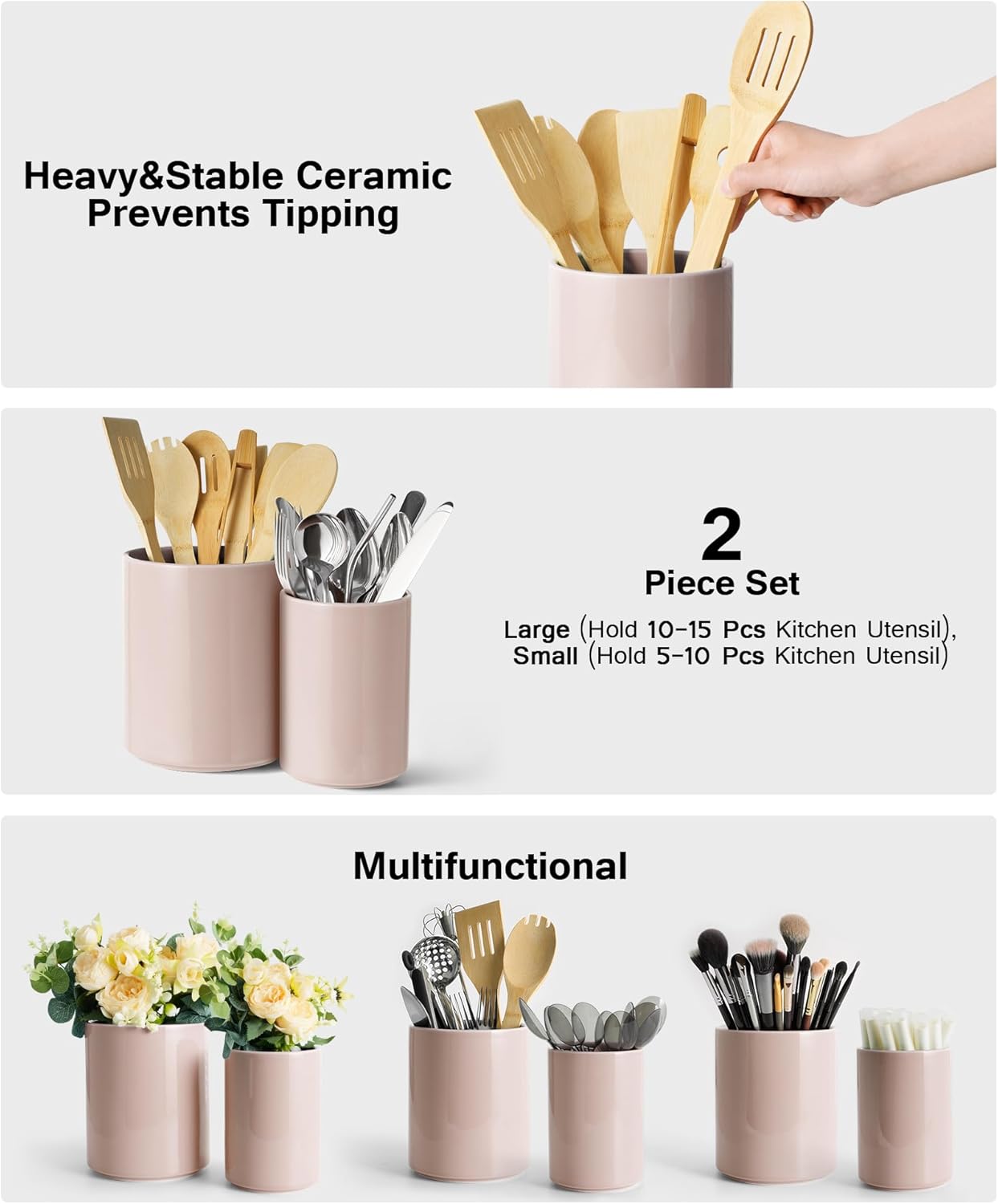 Set of 2 Utensil Holder, 7"+5" Ceramic Kitchen Utensil Holder for Countertop, Large Cooking Utensil Crocks for Counter, Morden Utensil Organizer for Spatula, Kitchen Decor (Red)