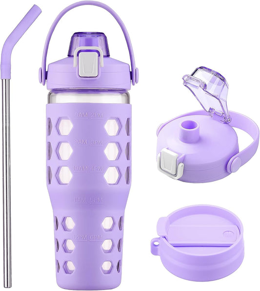 MUKOKO 32 oz Glass Tumbler with Straw,Glass Water Bottles with Time Marker,Iced Coffee Cup with 2 Lids-Handle Spout Lid&Straw Lid,Silicone Sleeve,Leakproof,1 Pack-Purple