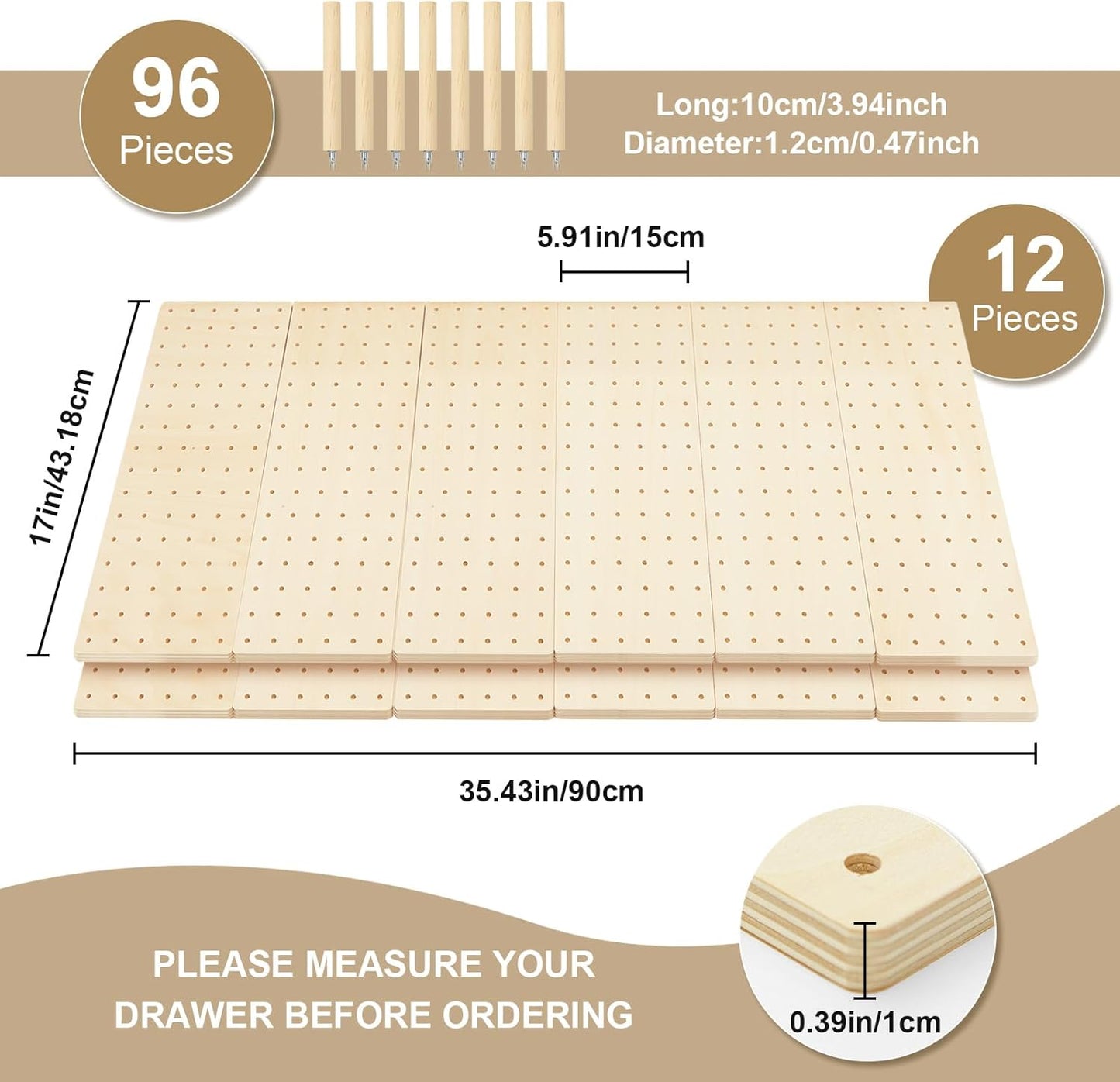 Kigley 12 Pcs Pegboard Drawer Organizer with 96 Drawer Peg Wood Peg Board Wooden Kitchen Plate Organizer for Dishes Food Containers Cookware Utensils(17 Inch,Wood Color)