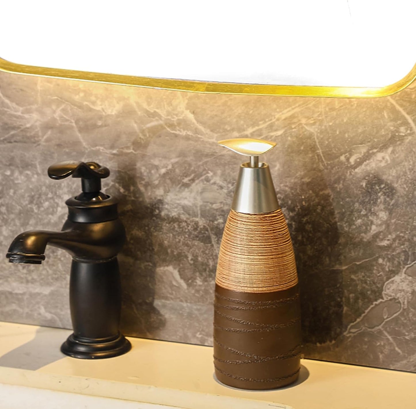 Ceramic Soap Dispenser with Plastic Pump – 12oz Refillable Liquid Dispenser for Bathroom, Kitchen, Office, Hotel, Airbnb, or Vacation Rental (Type C)