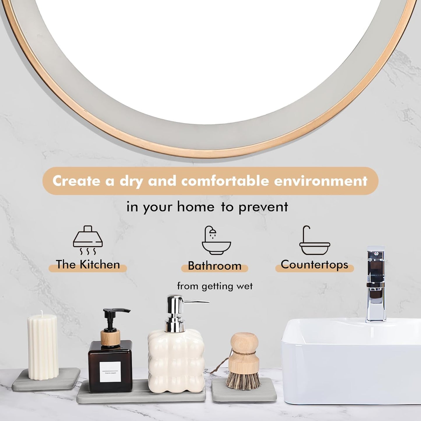 Evory Set of 4 Diatomite Soap Dishes, Kitchen & Bathroom Sponge Holders, Water Absorbing Stone Tray for Sink, Bathtub, Vanity (Light Grey)