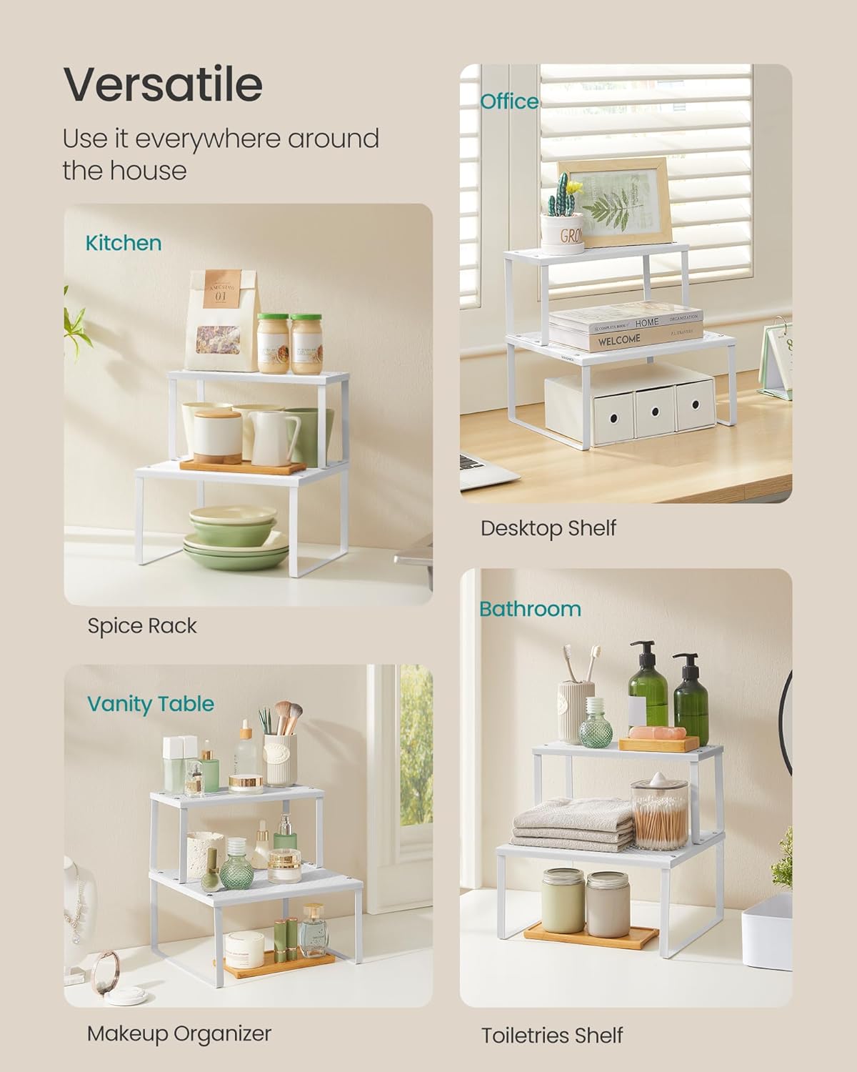 SONGMICS Spice Racks, Set of 2 Metal Cabinet Shelf Organizers, Countertop Organizers, Shelf Risers, Stackable, Expandable, White UKCS005W01