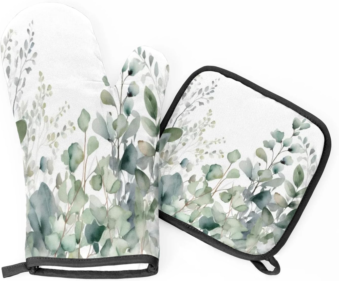 Sage Green Eucalyptus Oven Mitts and Pot Holders Sets, 2 Pcs Decorative Kitchen Oven Glove for Cooking