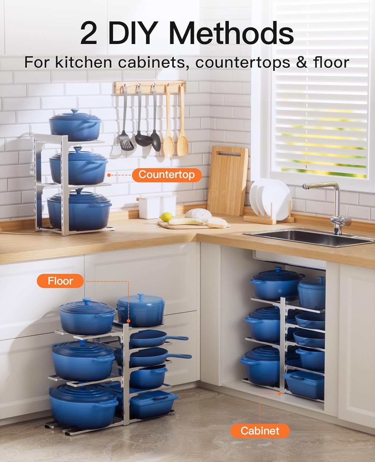 ORDORA 8-Tier Pots and Pans Organizer under Cabinet, Kitchen Cabinet Organizers and Storage, Heavy Duty 120LBS Pots and Pan Storage Rack Organizer inside Cabinet, Adjustable, Silver