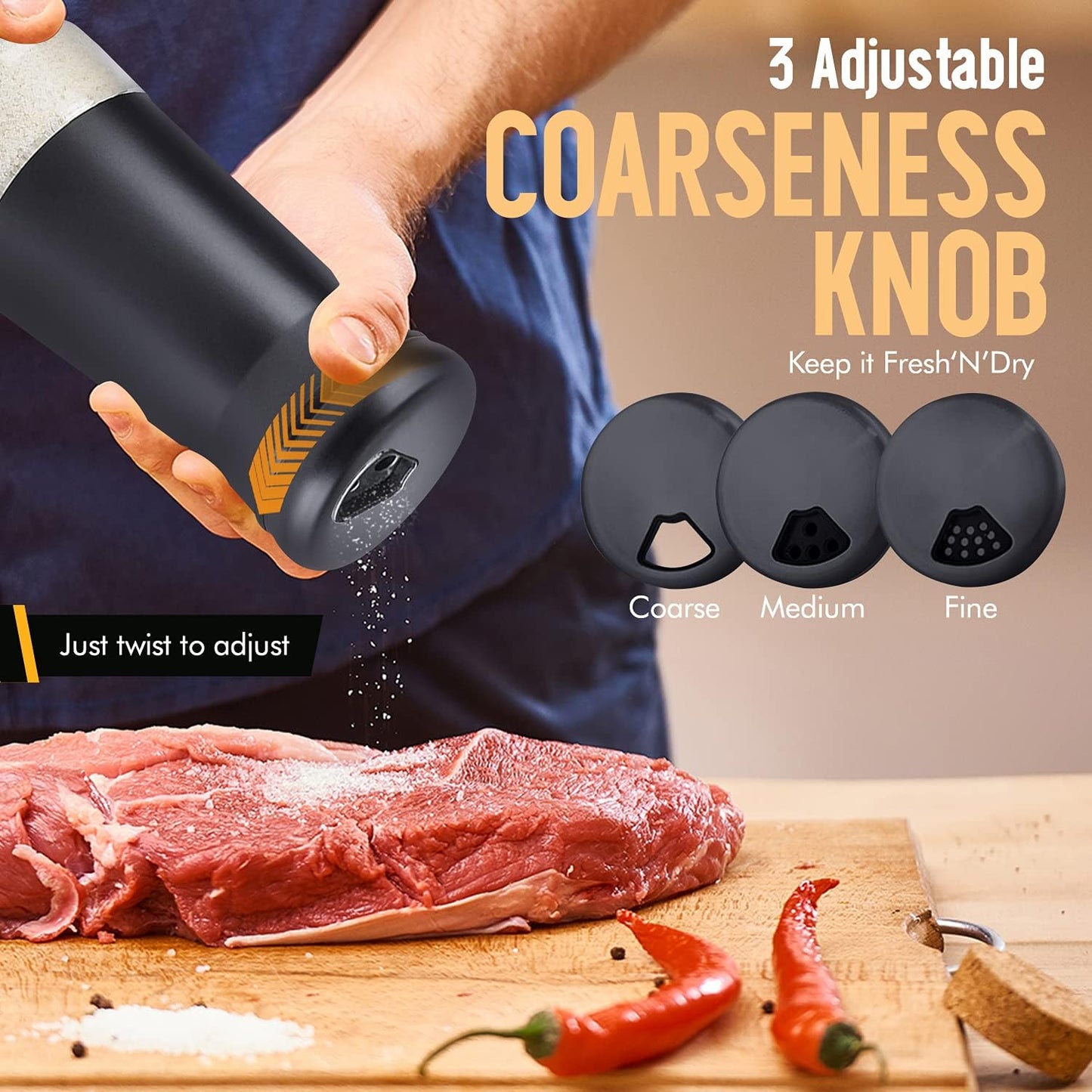 The Original Salt and Pepper Shakers set - Black -Spice Dispenser with Adjustable Pour Holes - Stainless Steel & Glass - Set of 2 Bottles