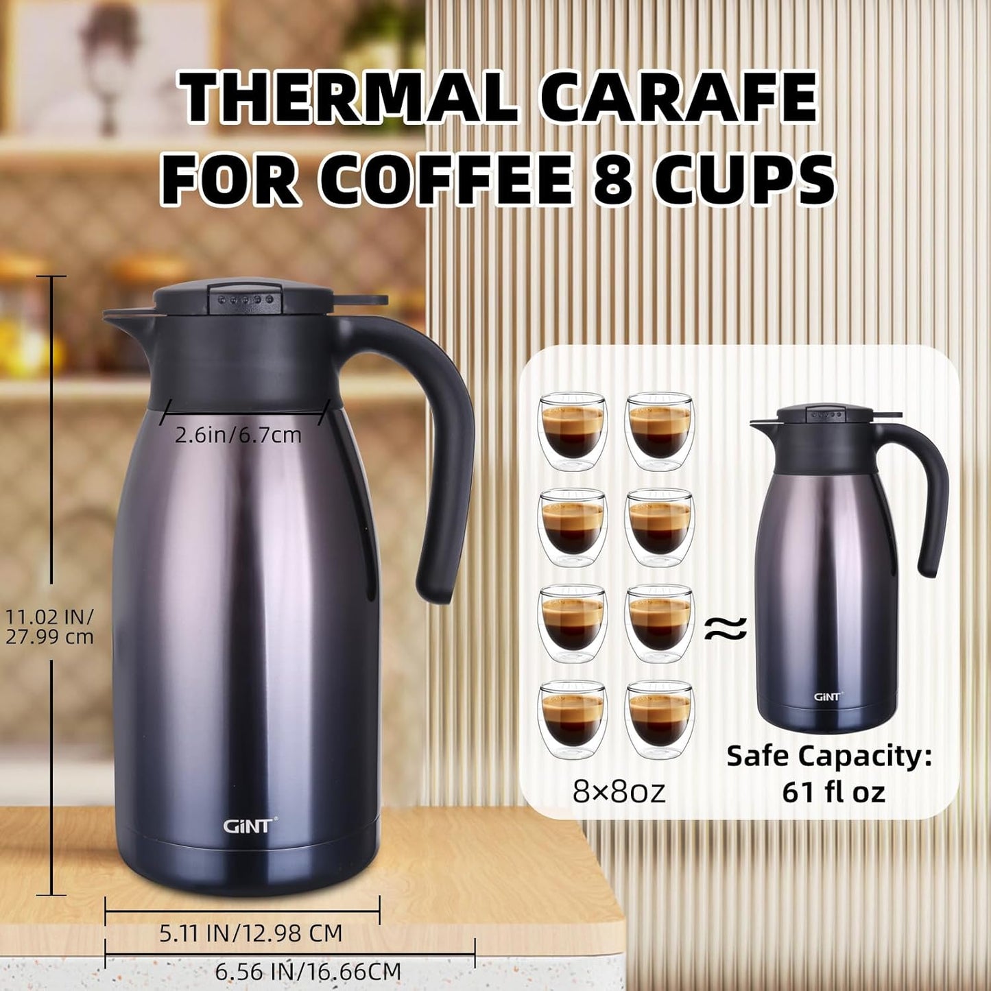 GiNT 1.9L / 64Oz Thermal Coffee Carafe, Insulated Stainless Steel Coffee Carafes for Keeping Hot/Double Walled Vacuum Thermal Carafe (Purple)