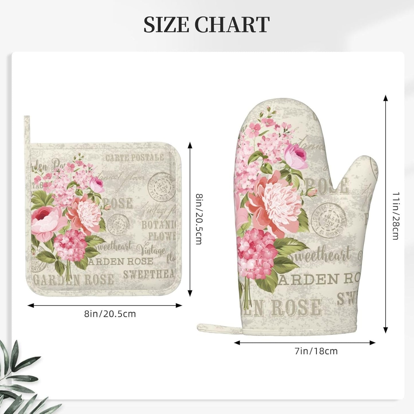Rose Leaf Vintage Oven Mitts and Pot Holders 4 pcs Set Silicone Flowers Elegant Postcard Rose Kitchen Oven Mitt Gloves Pot Holders Non-Slip Heat Resistant Cooking Mitts Set for Kitchen BBQ