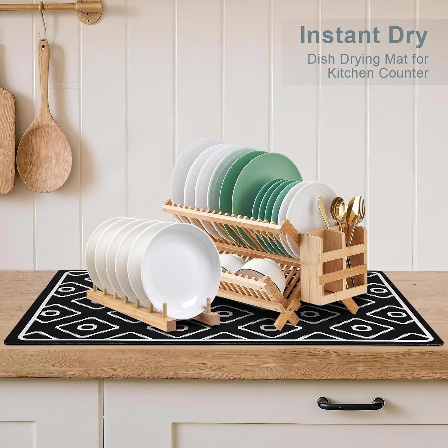 SUEH DESIGN Dish Drying Mat, Absorbent Coffee Mat 19.6 x 11.8 in Quick Dry Kitchen Drying Dish Drain Mat for Kitchen Counter Coffee Bar, Black