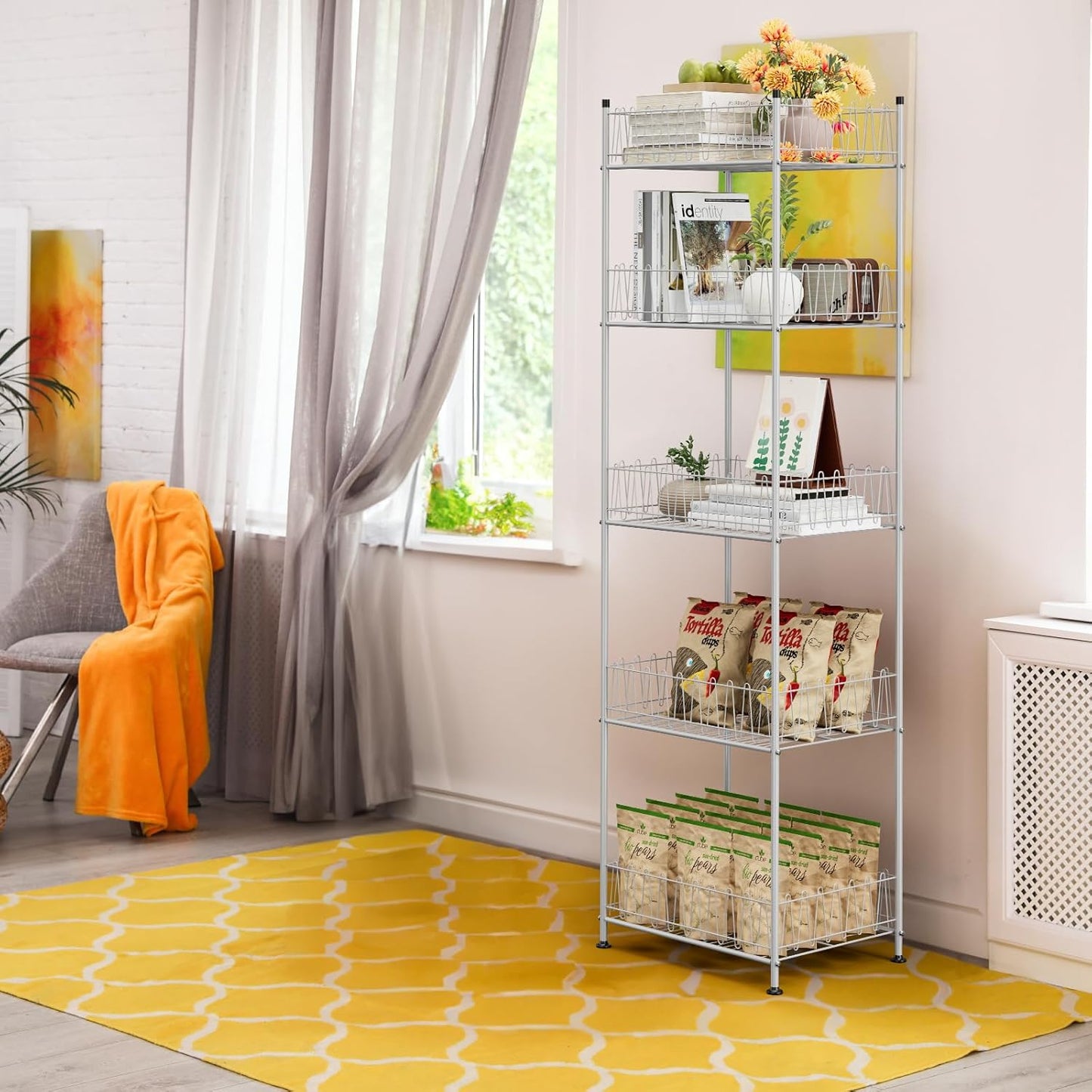 Water Bottle Storage Organizer 5 Tier Metal Water Bottle Holder Shelf Drink Beverage Soda Can Organizer Rack Bottled Water Stand for Floor Classroom Kitchen Food Storage, Silver