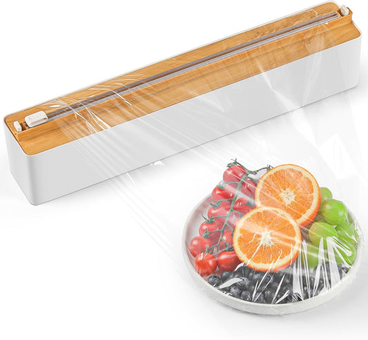 Magnetic Plastic Wrap Dispenser with Cutter - Quasziwa Upgrade Practical Refillable Cling Wrap Aluminum Tin Foil Organizer for Drawer, Include an Extra Roll of 12"X 164' Food Cling Film - Wood Grain