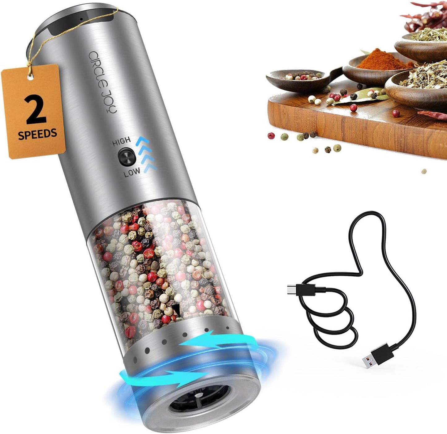 CIRCLE JOY Electric Pepper Grinder Stainless Steel Rechargeable Pepper Mill with Variable Grinding Speed, External Adjustable Coarseness, 95ml Container and White LED Light, Silver