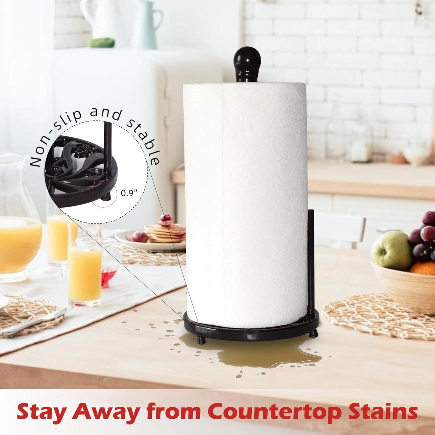 Vintage Paper Towel Holder Countertop - Cast Iron Standing Roll Paper Towel Dispenser with Elegant and Heavy Daffodil Pattern Base for Kitchen Décor, Black