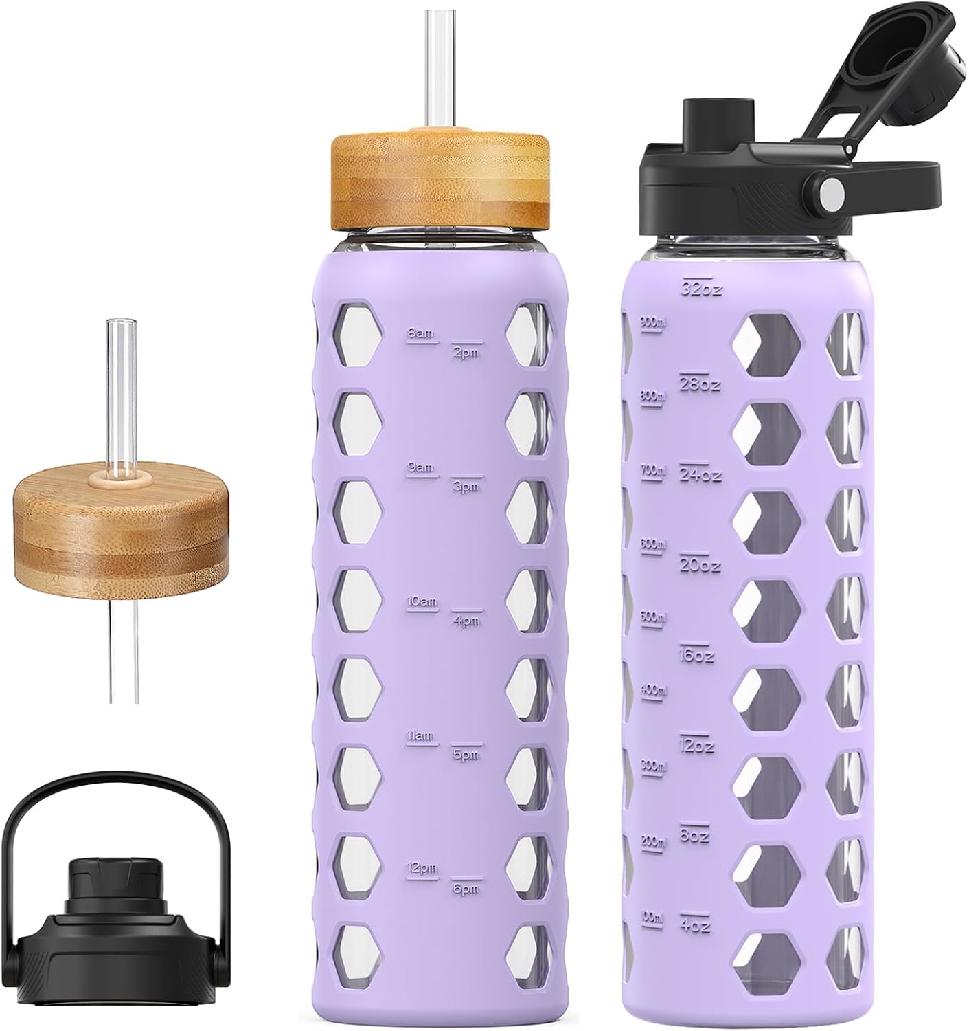 MUKOKO Glass Water Bottles, 32oz Glass Tumbler with Straw, Drinking Bottles with 2 Lids-Handle Spout Lid&Bamboo Straw Lid, Motivational Water Bottle with Time Marker and Silicone Sleeve, 1 Pack-Purple
