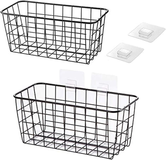 2 Set Hanging Wall Basket Organizer Over the Cabinet Door Wire Baskets for Organizing -No Drilling Adhesive Wall Storage Basket, Space-Saving Hanging Baskets for Organizing Wall Mount Storage,Black