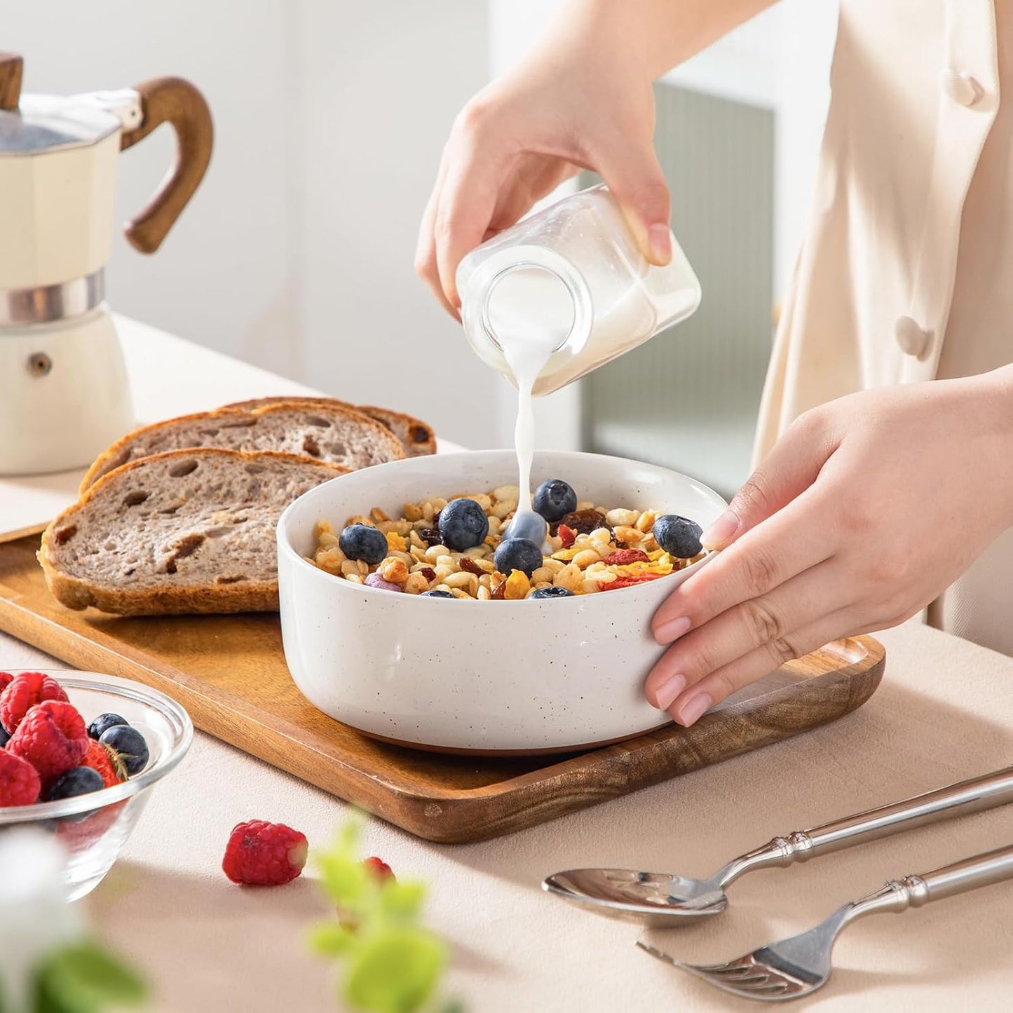 MALACASA Cereal Bowls Set of 6, 24 OZ Ceramic Bowls for Kitchen, Soup Bowl Breakfast Bowls, Dishwasher Microwave Safe, Khaki White, Series TARA