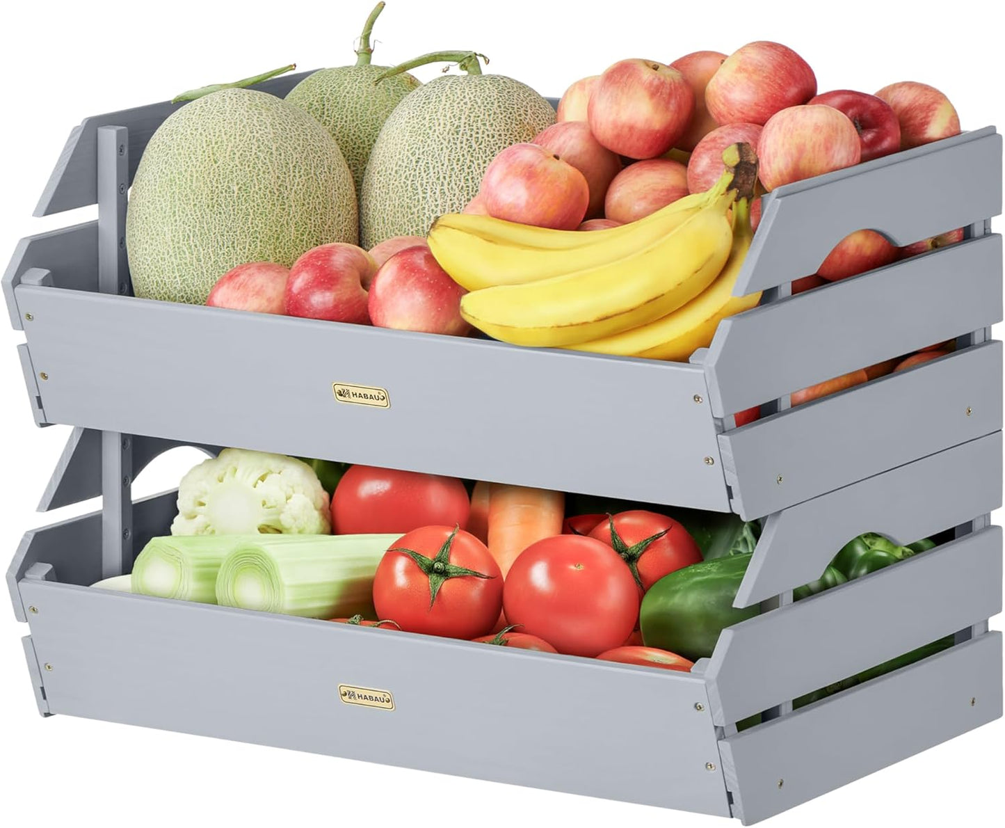 HABAU Wood Potato Onion Storage Bins - Wooden Stackable Produce Basket - Fruit Vegetable Storage for Kitchen Pantry Organization, Set 2 Pieces