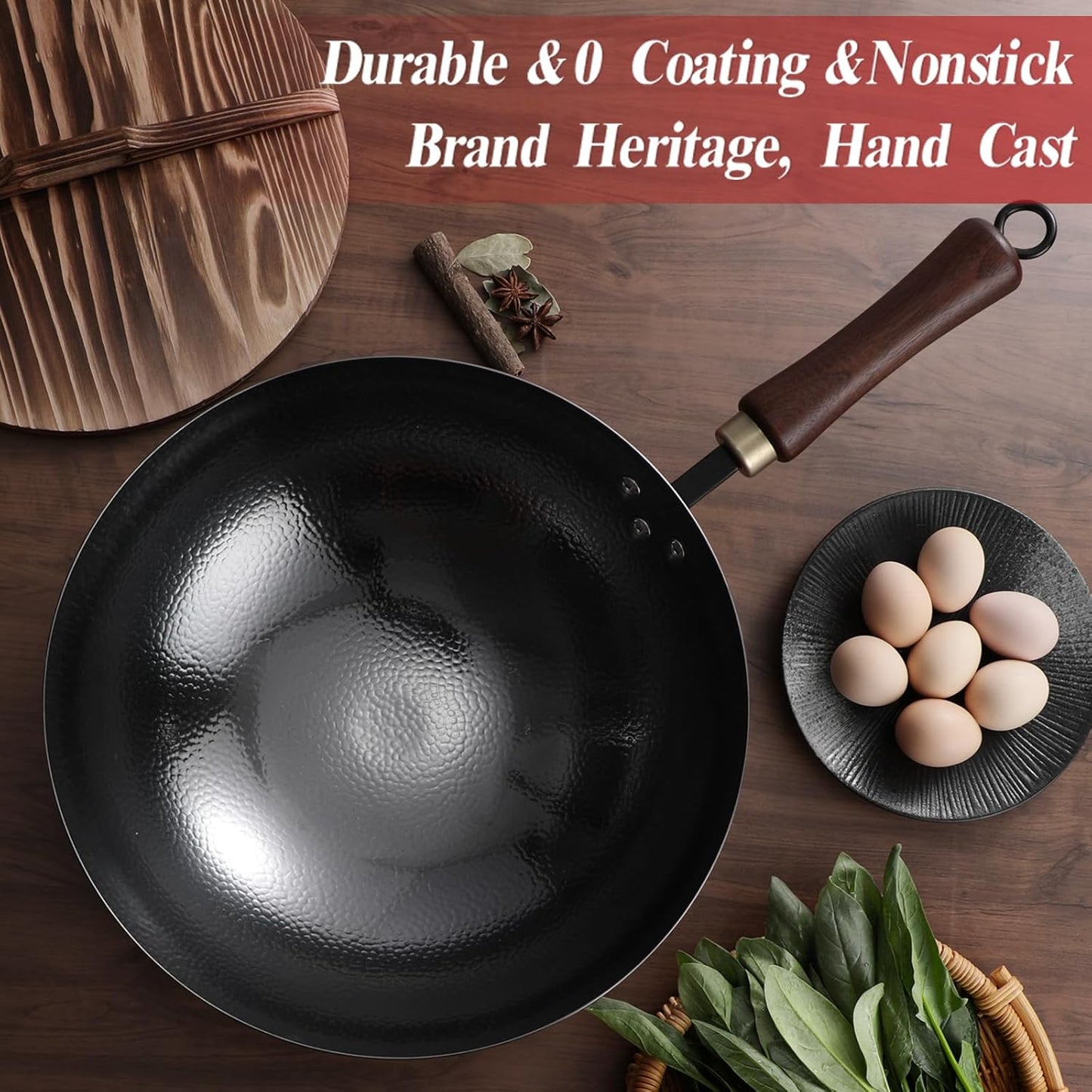 Carbon Steel Pan, 12.6″ Woks & Stir-Fry Pans with Wooden Lid Cookwares, Nonstick Wok, No Chemical Coated Round Bottom Hand Hammered Chinese Wok For Gas