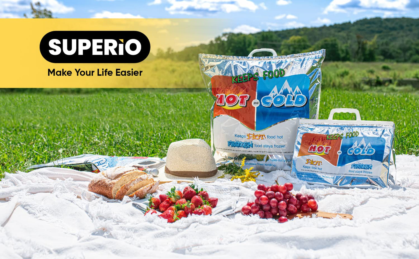 Superio Hot and Cold Insulated Bags for Food Delivery, Grocery Shopping Bags, Food Storage for Hot and Frozen Food for Travel, Disposable Cooler Bag, Reinforced Thermal Lunch Bag (12, 15.5"x13")