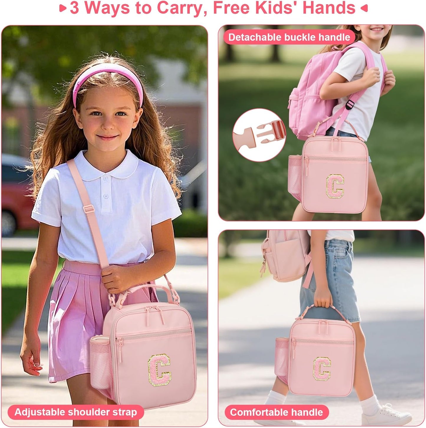 Initial Insulated Lunch Bag for Girls Kids, Back to School Gift, Reusable Leak-proof Lunch Box with Adjustable Strap for School Daycare Travel Picnic (Pink,C)