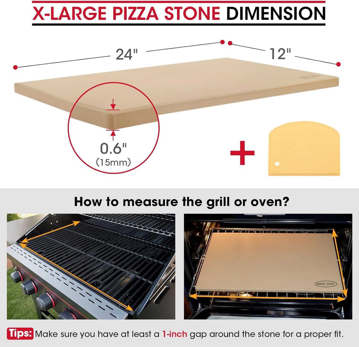 Unicook Extra Large Pizza Stone 24" x 12" x 0.6" for 36"/48" Ovens, Rectangular Baking Stone, Ideal for Baking Crispy Pizzas, Bread and Cookies, Weighs 12 lbs, Does Not Fit 30" Compact Ovens