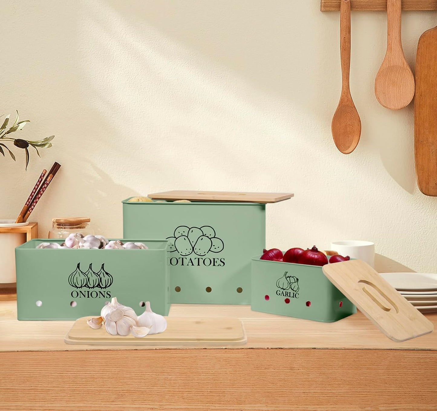 Kitchen Vegetable Storage Tins Set of 3 for Potato Onion & Garlic with Wooden Lid, Kitchen Storage Canisters Set, Long Shelf Life - Green