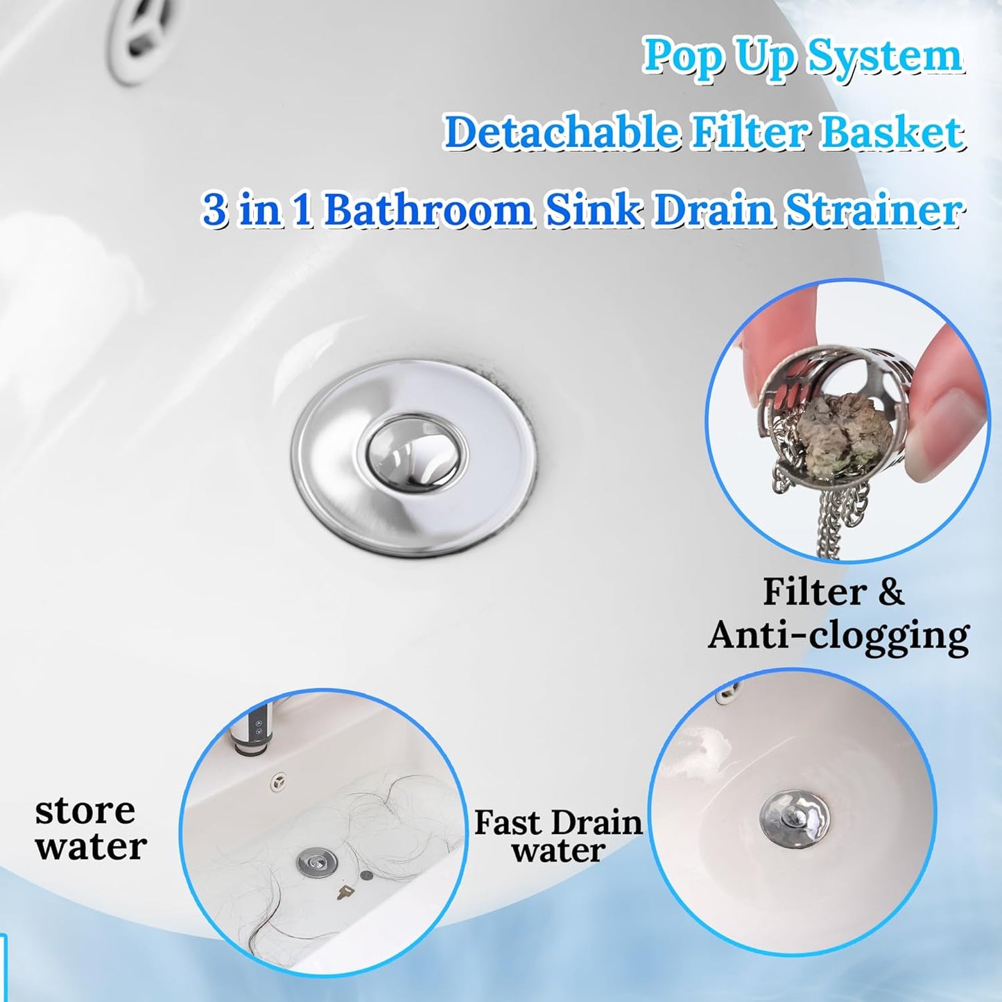 3 in 1 Bathroom Sink Drain Strainer,Universal Pop Up Bathroom Sink Stopper Hair Catcher,with Filter Basket Sealing Ring for Anti-Clogging Odor-Proof,Easy Install Drain Catcher for 1.06”~1.61” Hole