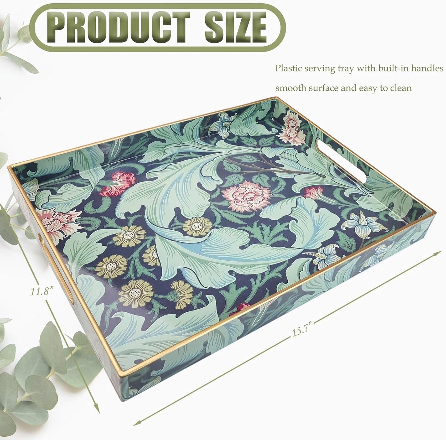 Spsyrine Serving Tray with Handles, Plastic Decorative Tray for Coffee Table, Living Room, Home Decor, Leicester