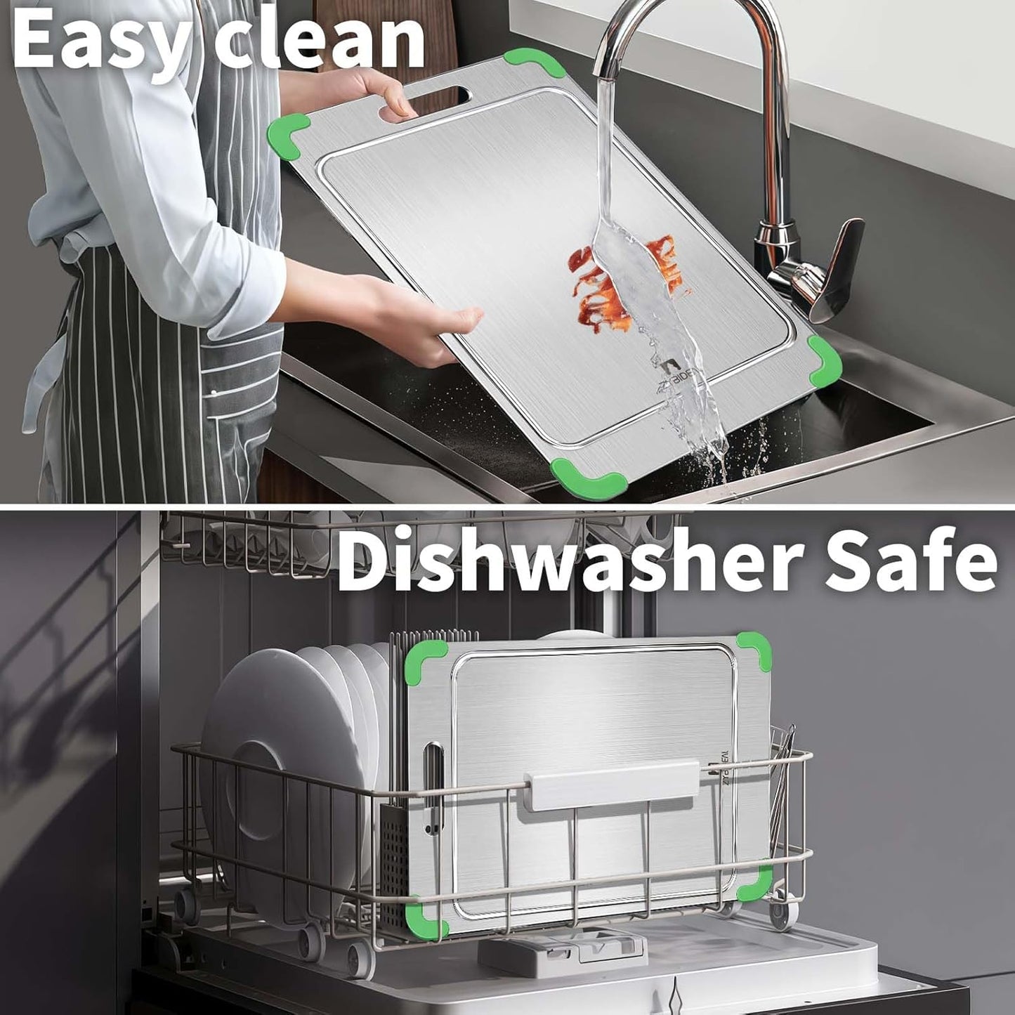 100% Pure Titanium Cutting Board with Grooves, Update Double Side Titanium Chopping Board, Silicone Anti-slip Stainless Cutting Boards for Kitchen 9 * 13 IN, Green