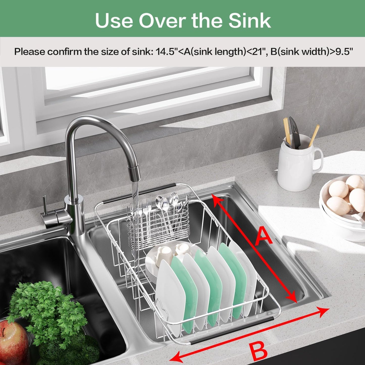 Dish Drainer Rack in Sink Adjustable, Expandable 304 Stainless Steel Metal Dish Drying Rack Organizer with Stainless Steel Utensil Holder Over Inside Sink Counter, Rustproof