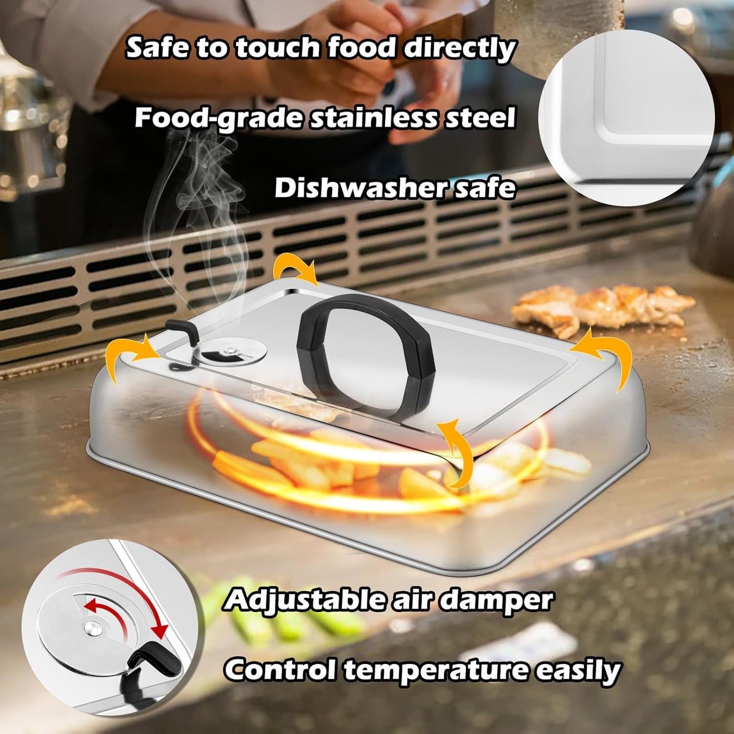 Rectangular Melting Dome 2Pcs, HaSteeL 13.3 X 9.8In Stainless Steel Bating Steaming Cover, Heavy Duty Solid Griddle Lid & Grill Pot with Air Damper, for Flat Top Hibachi Cooking, Dishwasher Safe