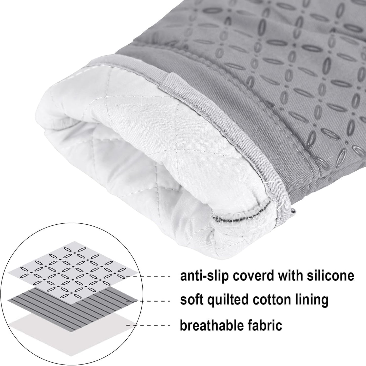 KEGOUU Oven Mitts and Pot Holders 6pcs Set, Kitchen Oven Glove High Heat Resistant 500 Degree Extra Long Oven Mitts and Potholder with Non-Slip Silicone Surface for Cooking (Light Gary)