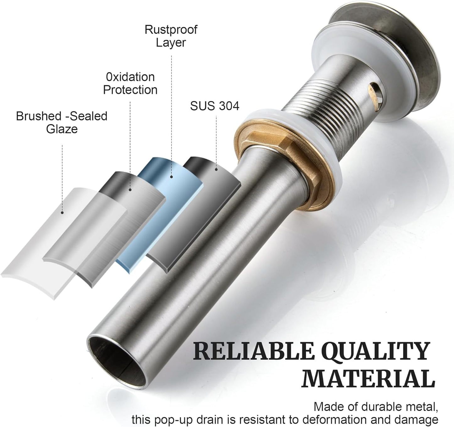 Pop up Sink Drain Stopper with Overflow Brushed Nickel for Bathroom Vessel Vanity Sink Art Basin，Big Cap Sink Drain with Overflow, Metal Pop-up Drain Strainer with Detachable Basket Stopper