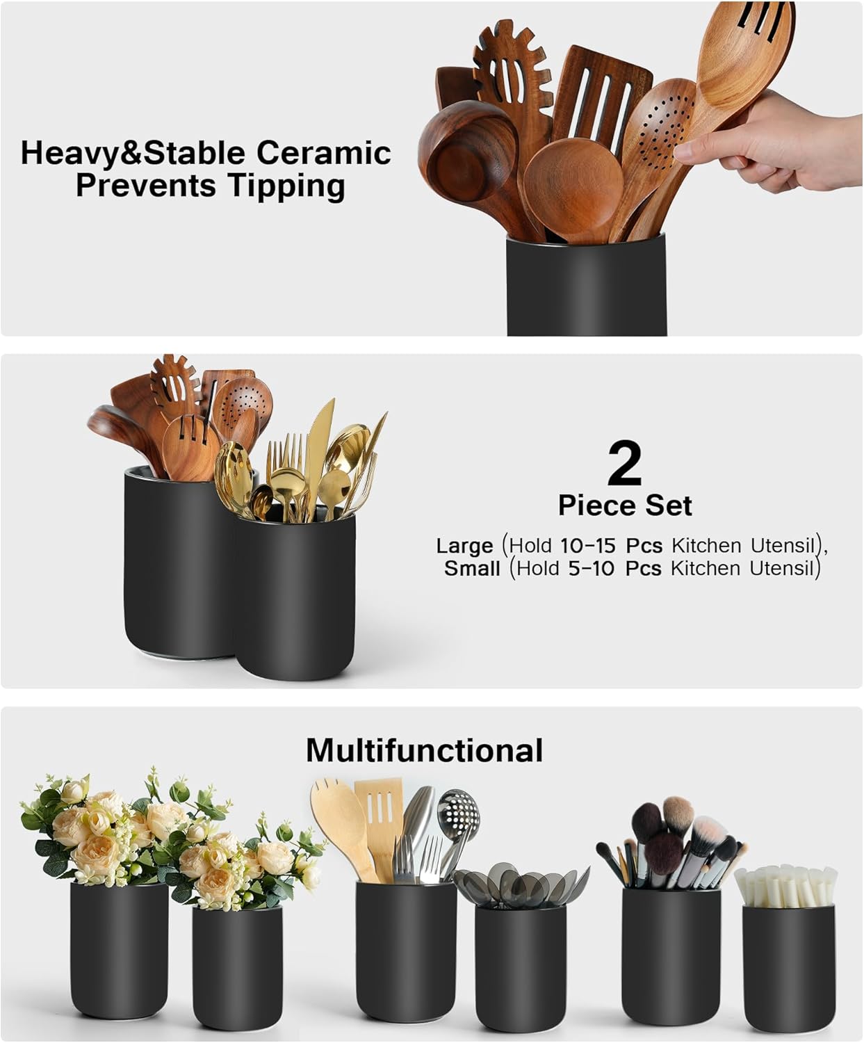 Set of 2 Utensil Holder, 7"+5" Ceramic Kitchen Utensil Holder for Countertop, Large Cooking Utensil Crocks for Counter, Morden Utensil Organizer for Spatula, Kitchen Decor (Black)