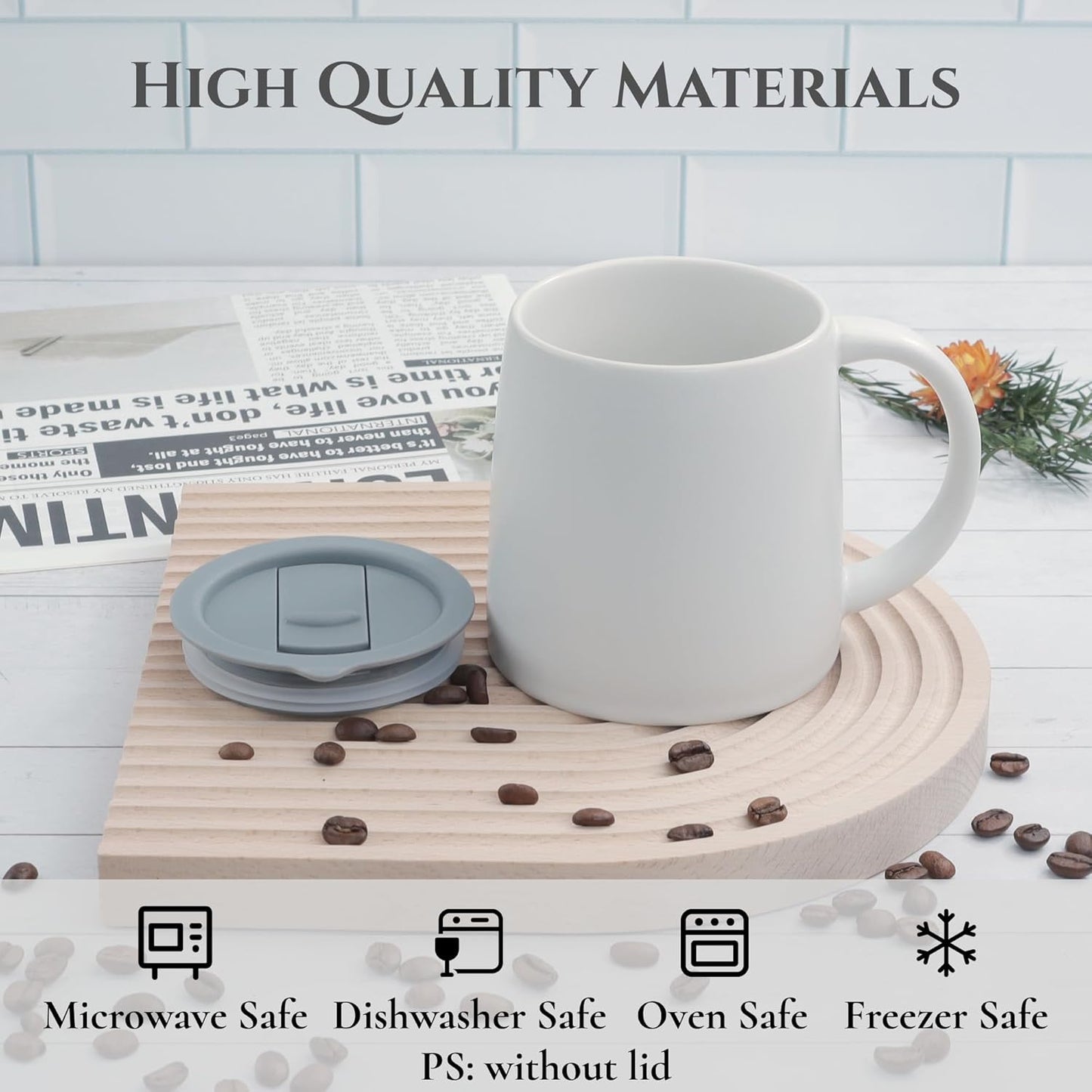 Classic Mug, 14 oz Large Coffee Mug with Handle, Ceramic Porcelain Tea Cup, Smooth Matte (Sliding Lid, Set of 2, White and Navy Blue)