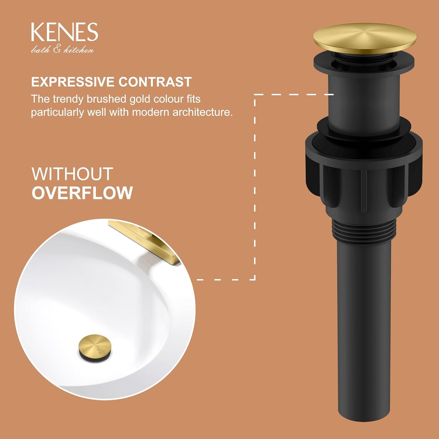 KENES Bathroom Vessel Sink Pop Up Drain Without Overflow Assembly, Lavatory Vanity Sink Drain Stopper, Anti-Clogging Drain Strainer, Brushed Gold, KE-P300A-4