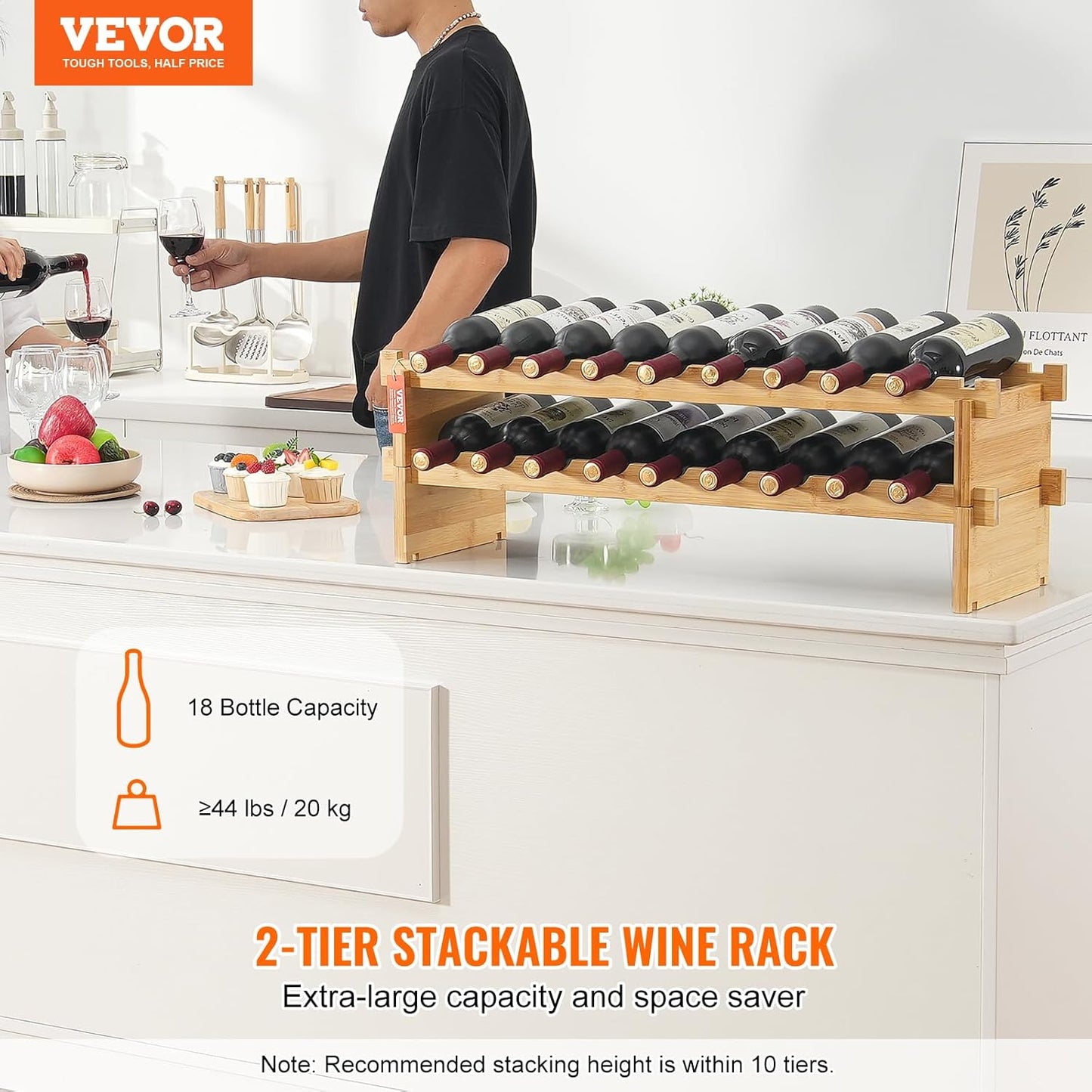VEVOR 18 Bottle Stackable Modular Wine Rack, 2-Tier Solid Bamboo Wood Storage Racks, Floor Freestanding Wines Holder Display Shelf, Wobble-Free Shelves for Kitchen, Bar, and Cellar (Natural Color)