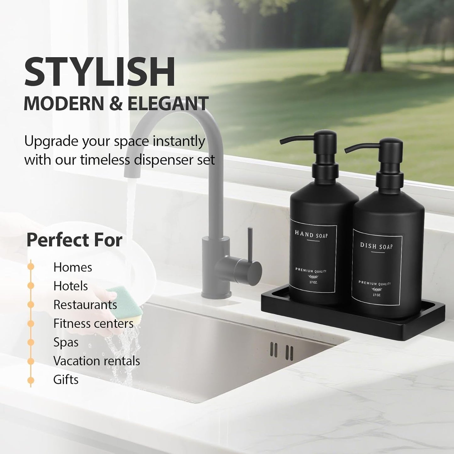 Matte Black Soap Dispenser Set, 17 OZ Hand and Dish Soap Dispenser Set, Bathroom Refillable Soap and Lotion Dispenser Set with Stainless Pump, Modern Liquid Soap Bottle Set(Black Bottle/Black Pump)