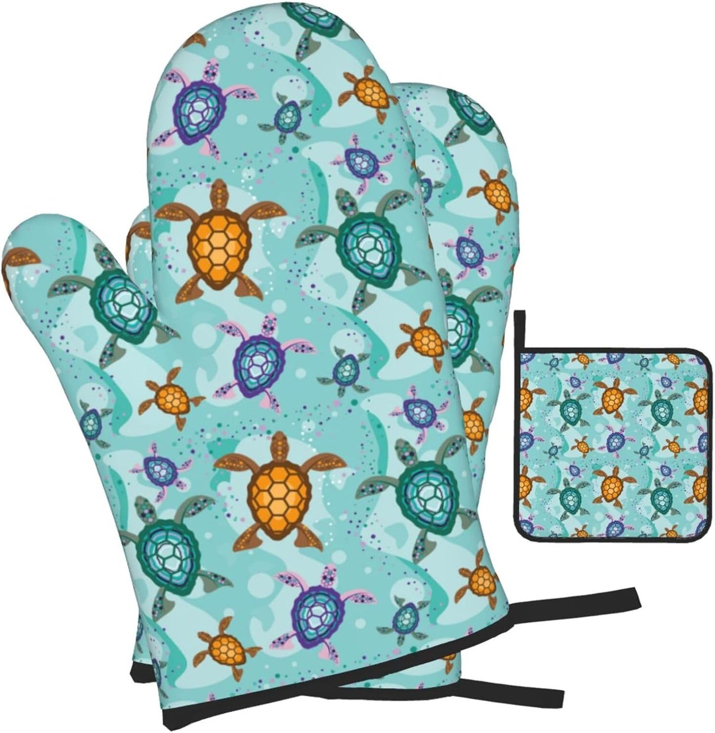 Cute Sea Turtle Beach Oven Mitts and Pot Holders Set Ocean Themed Decorative Heat Resistant Microwave Oven Gloves for BBQ Baking Grilling Cooks Kitchen Decor 3 Piece