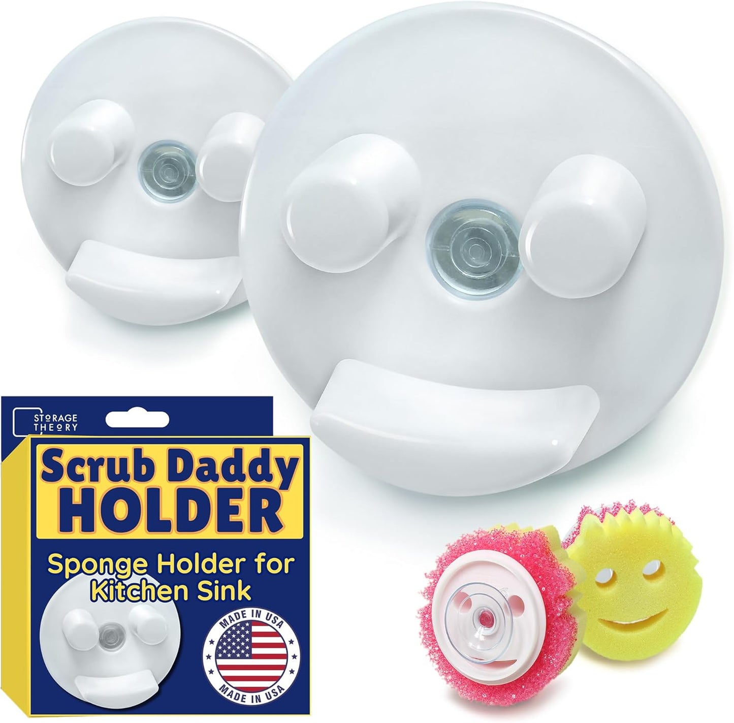 Sponge Daddy Caddy by Storage Theory – Sponge Mommy & Daddy Kitchen Sink Organizer, Universal, Simple Suction Cup Installation, Dishwasher Safe, Keep Sponges Dry, Odor-Free – White, 2 Pack