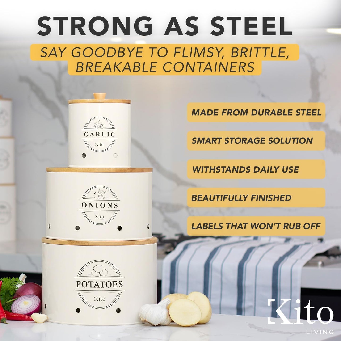 Canister Sets for Kitchen Counter with Wooden Bamboo Lids, Kitchen Canisters for Countertop, Stackable Steel Farmhouse Canisters for Potato Storage, Onion and Potato Storage Bins - Cream