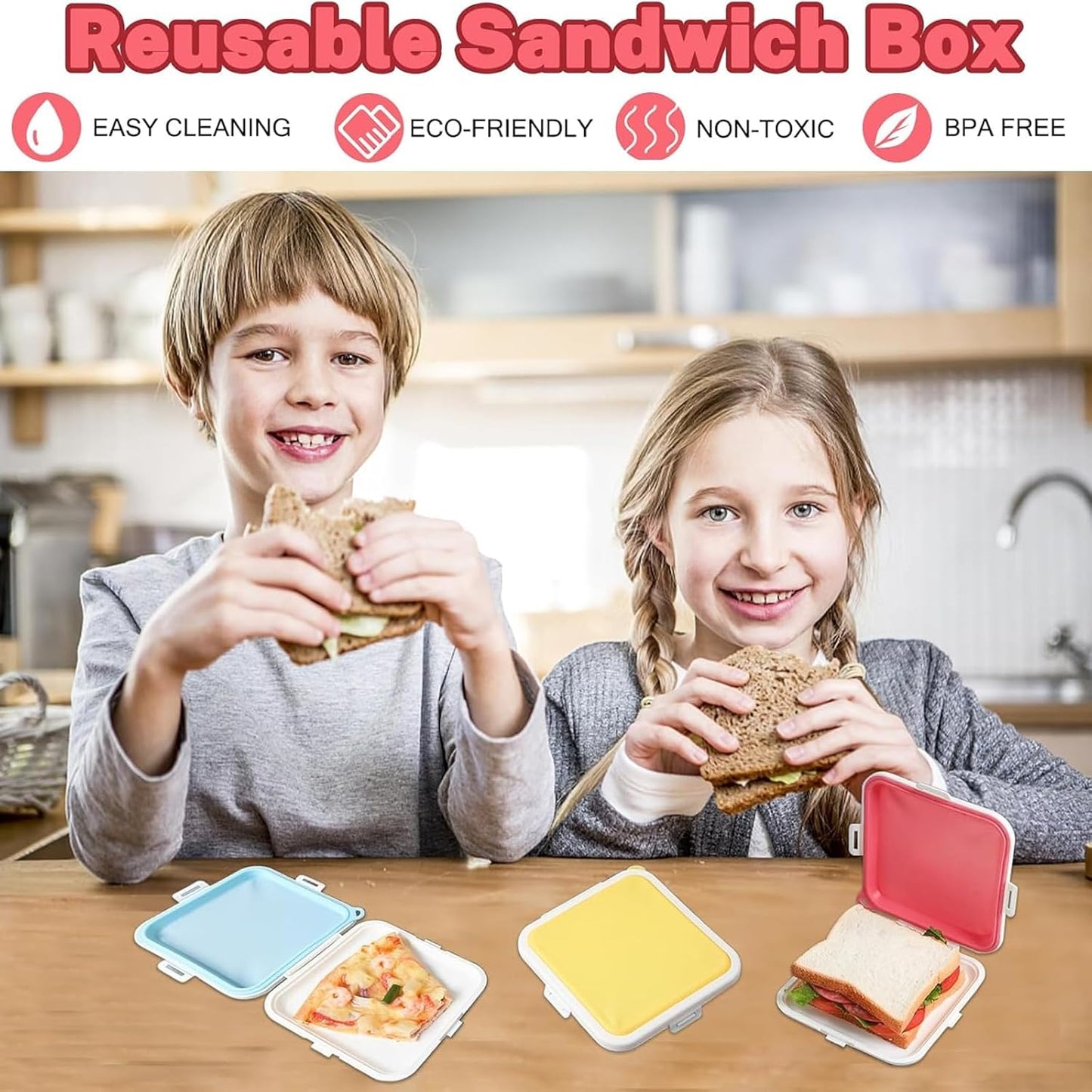 Sandwich Containers, Silicone Sandwich Storage with Snap-Off,Sandwich Box for Lunch,BPA Free,Leakproof, Reusable Plastic Sandwich Holder for Fruit,Salad,Snacks and Food Storage (Pink+Blue)