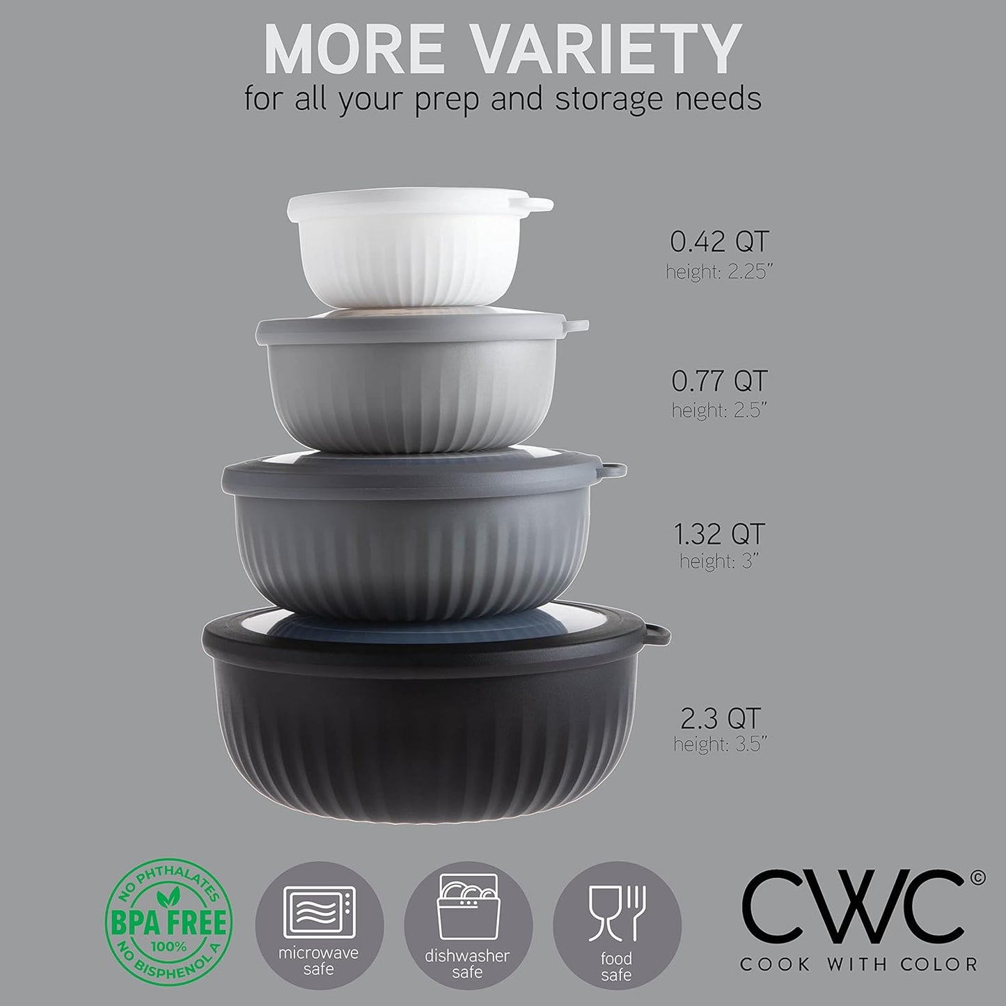 COOK WITH COLOR Prep Bowls with Lids- Wide and Deep Nesting Plastic Small Mixing Bowl Set with Lids, 8 Piece Set - Wide Bowls, Black/White