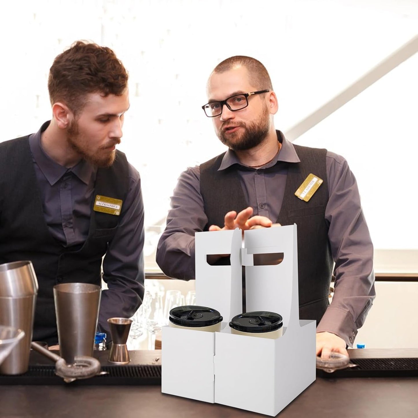 50 Pack 2 Cup Drink Carrier with Handles, Kraft Paperboard Cup Holder, Disposable Cup Carrier Coffee Cup Holder for Hot and Cold Drink Holder Takeout Restaurant Food Delivery