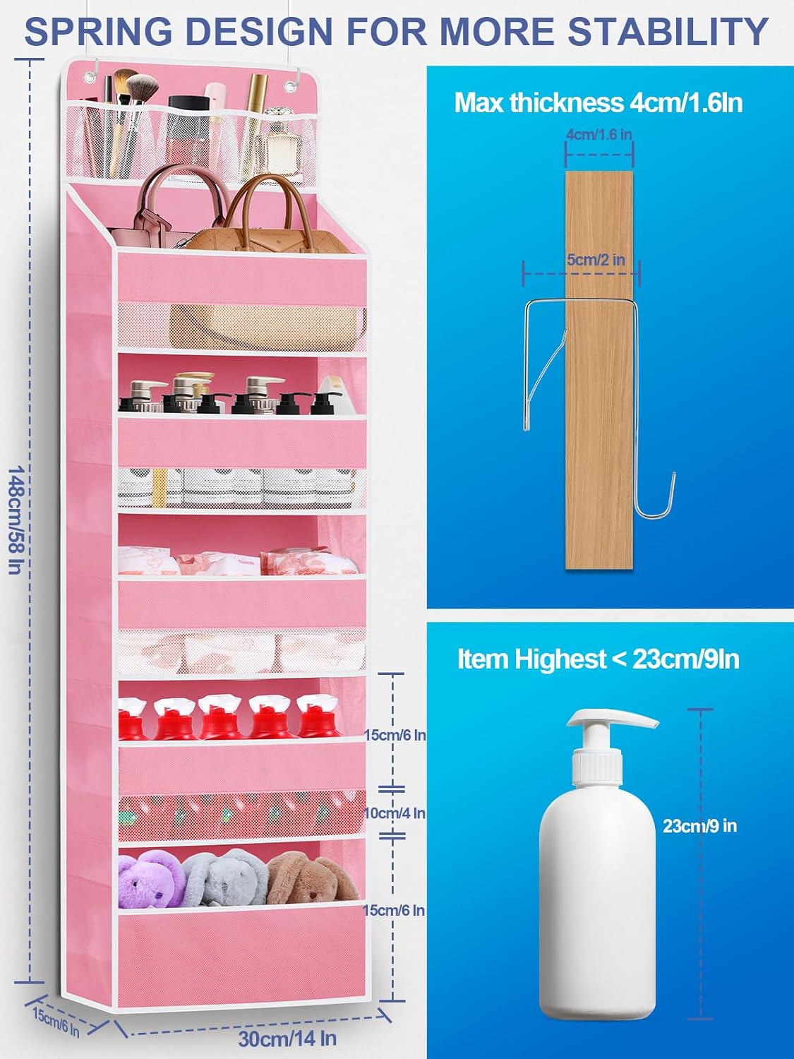 Over the Door Organizers Storage - 6 Shelf Hanging Storage shelves Door Organizer with Pockets, Anti Tilt 44 lb Load Behind Door Organizer for Bedroom,Nursery,Bathroom,Kitchen,Dorm,Shoe - 1 Pack, Pink
