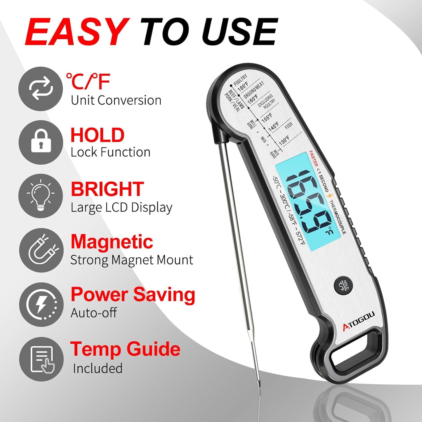 Professional Food & Meat Thermometer, 1 Sec Instant Read & ±0.5℉ Accuracy Driven by Thermocouple Sensor. IP67 Waterproof Digital Thermometer for Cooking, BBQ, Grill Gifts for Men Him Dad Birthday