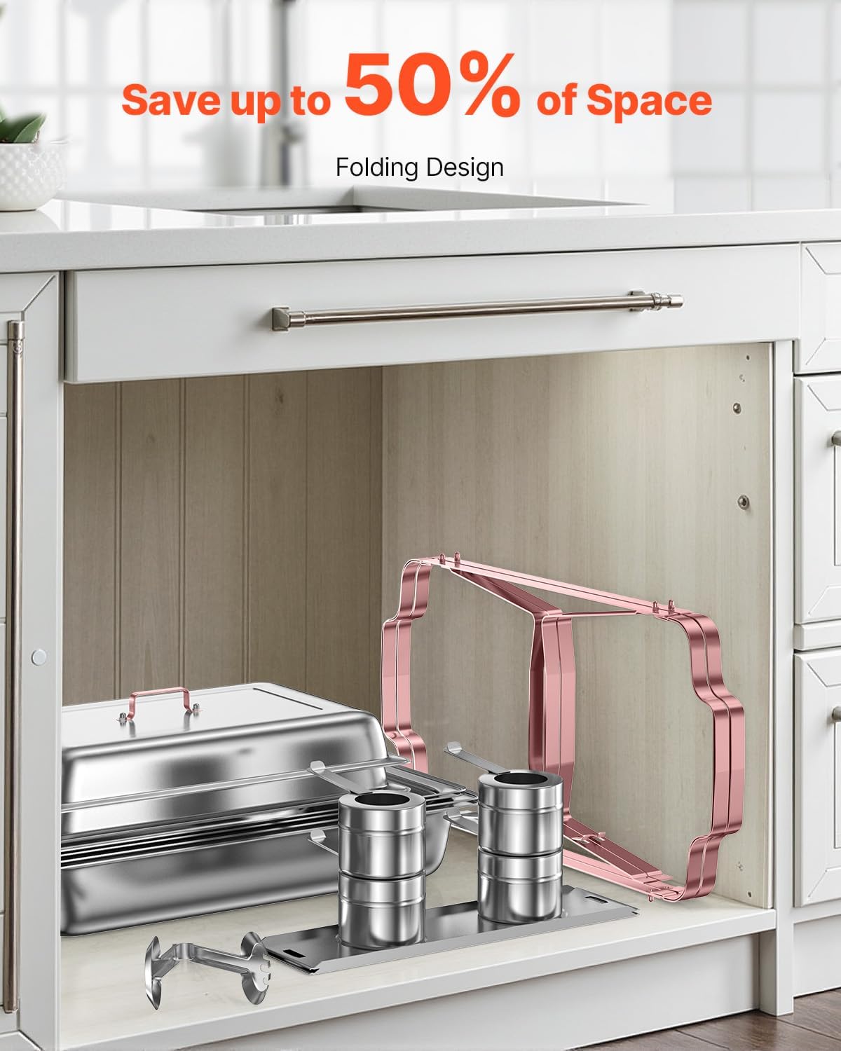 VEVOR Chafing Dish Buffet Set, 8 Qt 2 Pack, Stainless Steel Chafer with 2 Full Size Pans, Rectangle Catering Warmer Server with Lid Water Pan Stand Fuel Holder, for Wedding Party Banquet, Rose Gold