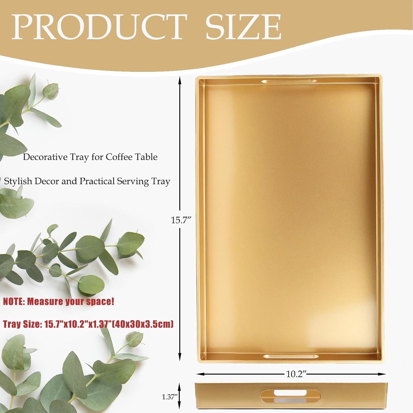 Spsyrine Gold Decorative Serving Tray with Handles, Elegant Plastic Coffee Table Tray for Ottoman, Living Room, Home Decor 15.6" X 10.2"