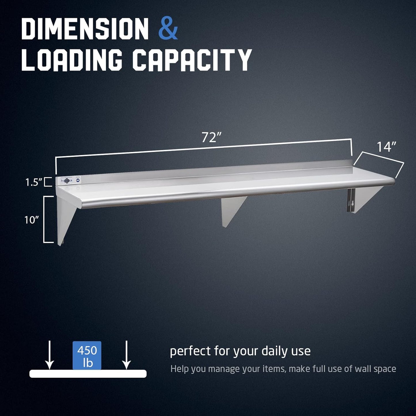 Profeeshaw NSF Stainless Steel Shelf 14” x 72”, 450 lb Commercial Shelves Wall Mounted Metal Shelving with Backsplash and 2 Brackets for Restaurant, Bar, Utility Room, Kitchen and Garage