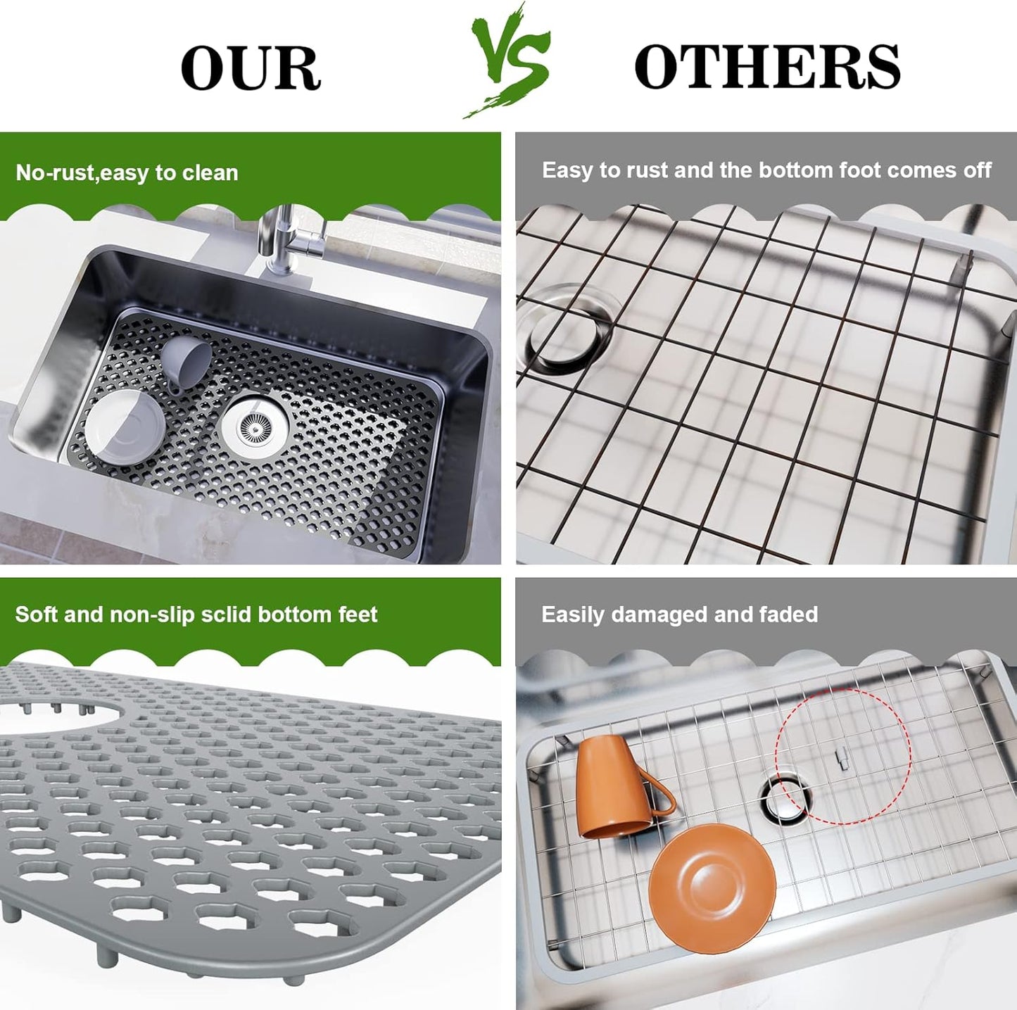 TOOVEM Silicone Kitchen Sink Mat with Non-slip, Stable, Farmhouse Sink Protector for Kitchen Stainless Steel Drainboard- Grey